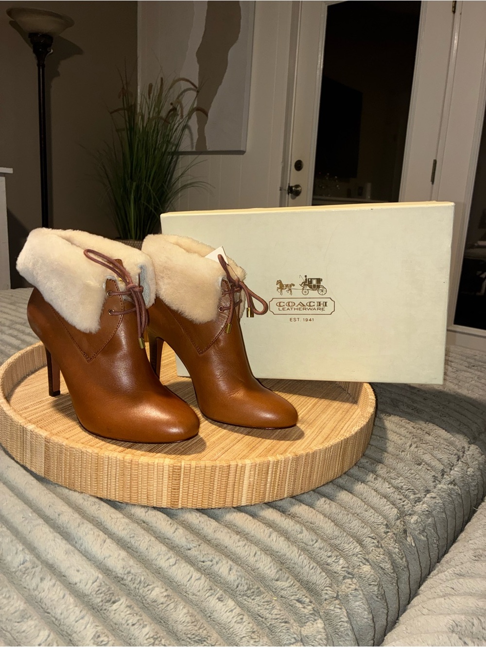 Coach Brown Leather Shearling Cuff High Heel Ankle Boots